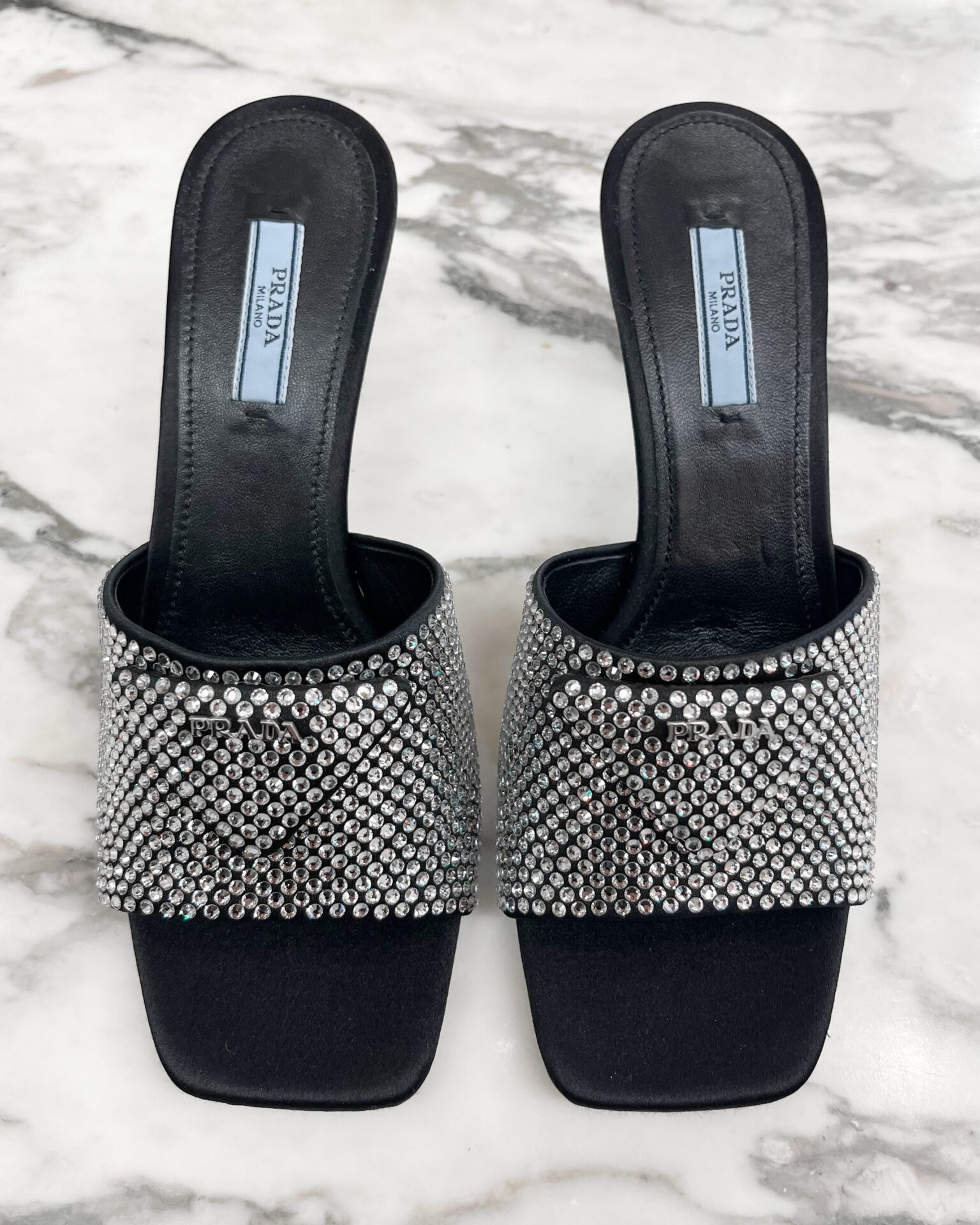 Prada silver crystal & black satin mules