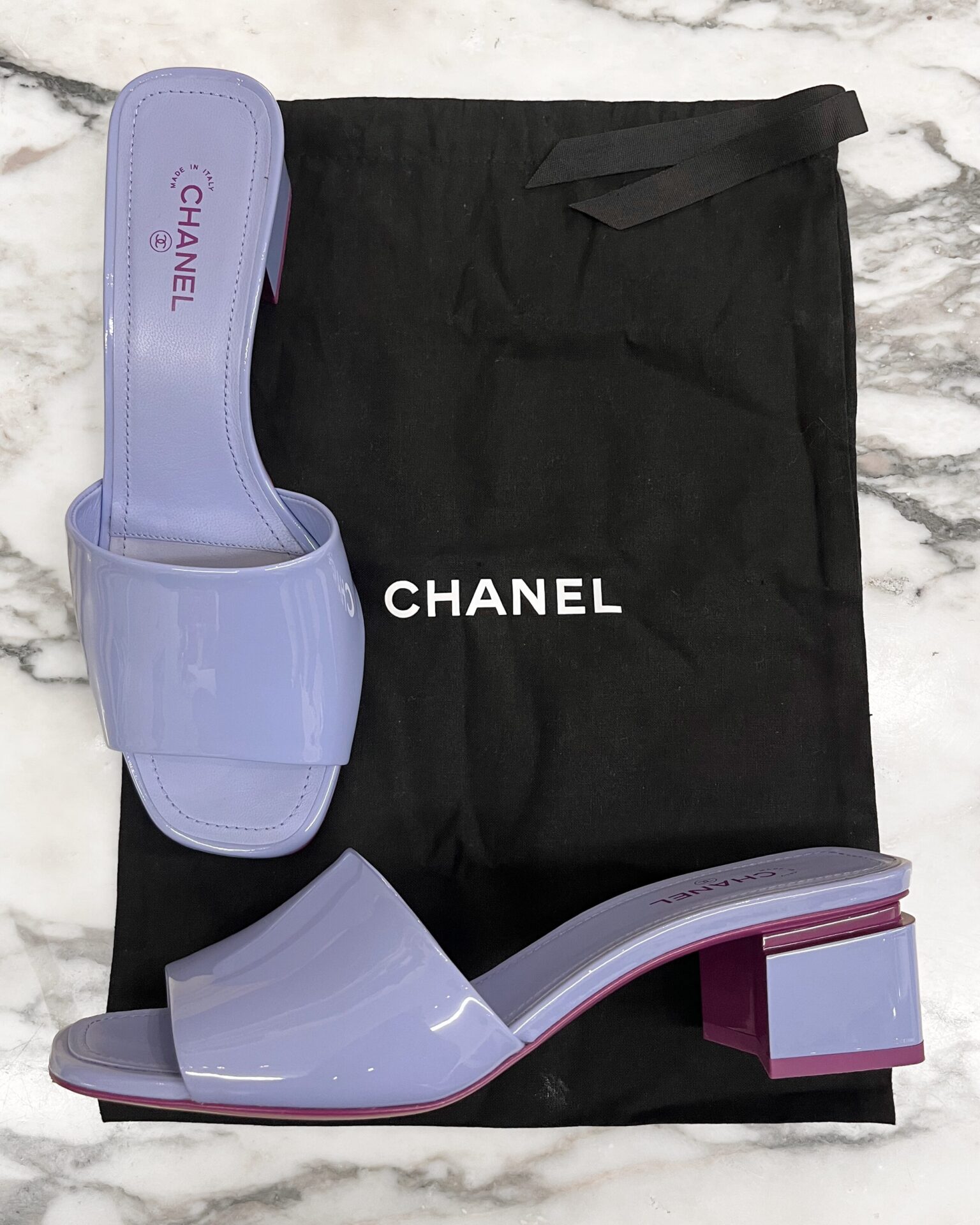 Chanel lavender patent leather mules with CC logo heels