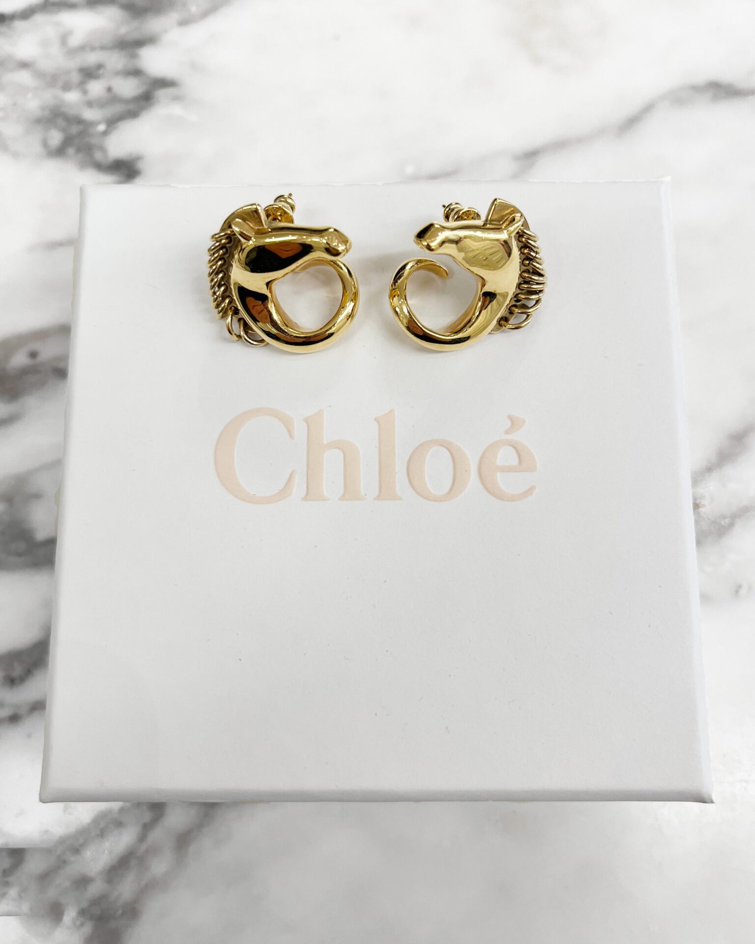 Chloe brass horse head earrings with link mane