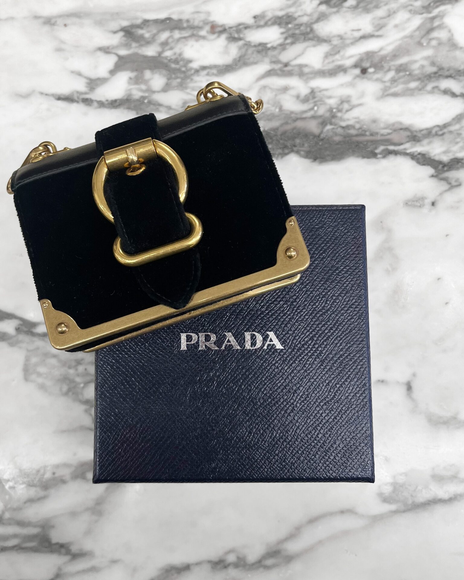 Prada Cahier mini black velvet & leather crossbody belt bag